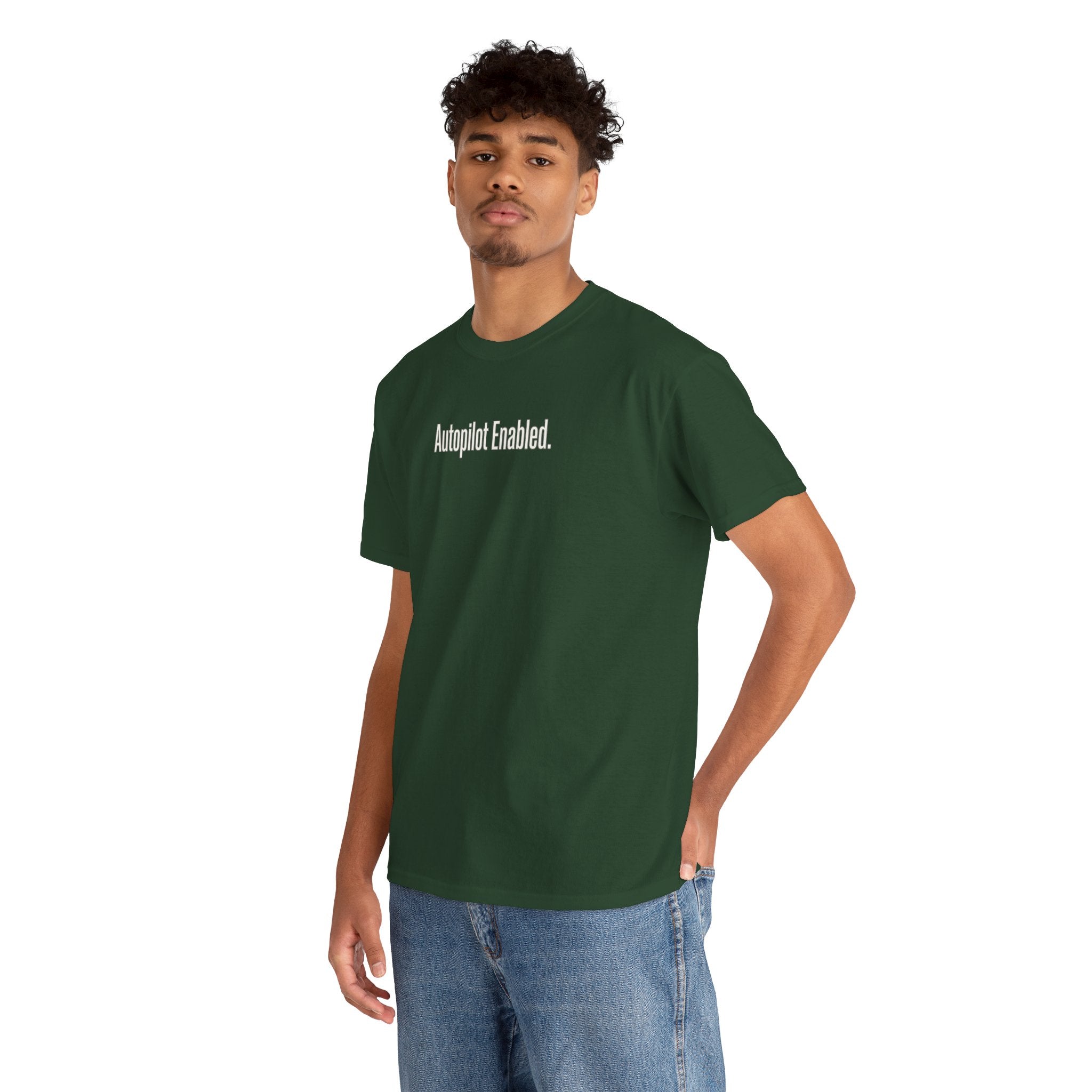 Autopilot Enabled Minimal Script Tee — White Cotton T‑Shirt