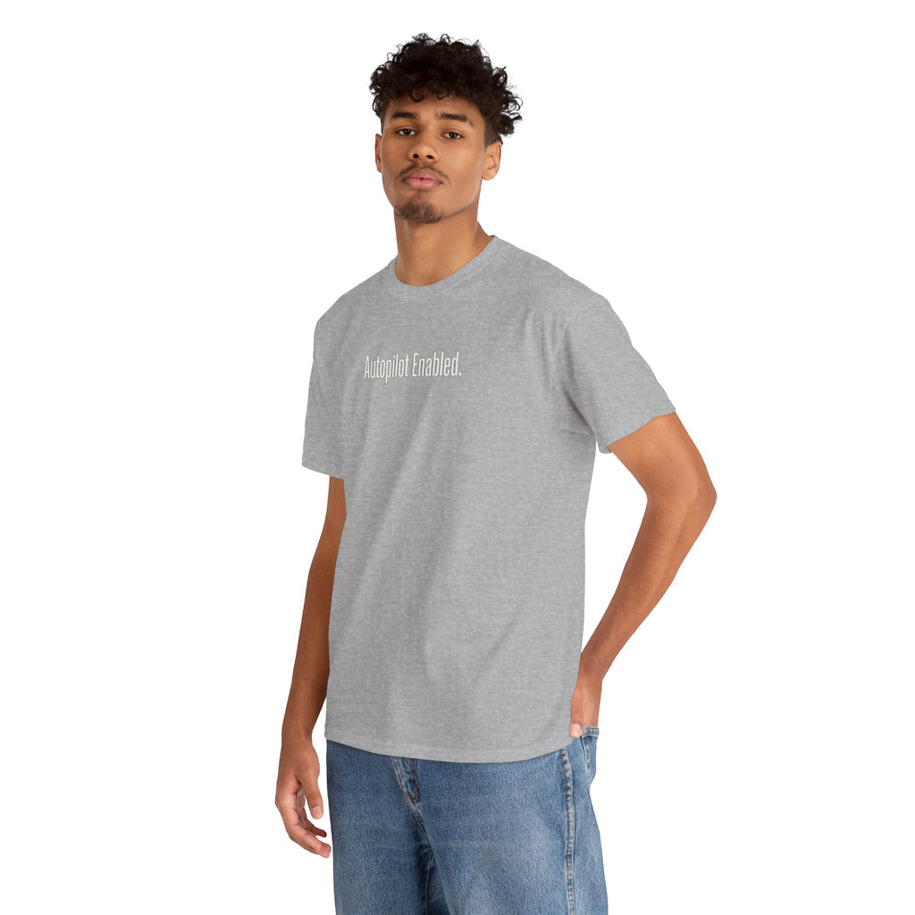 Autopilot Enabled Minimal Script Tee — White Cotton T‑Shirt