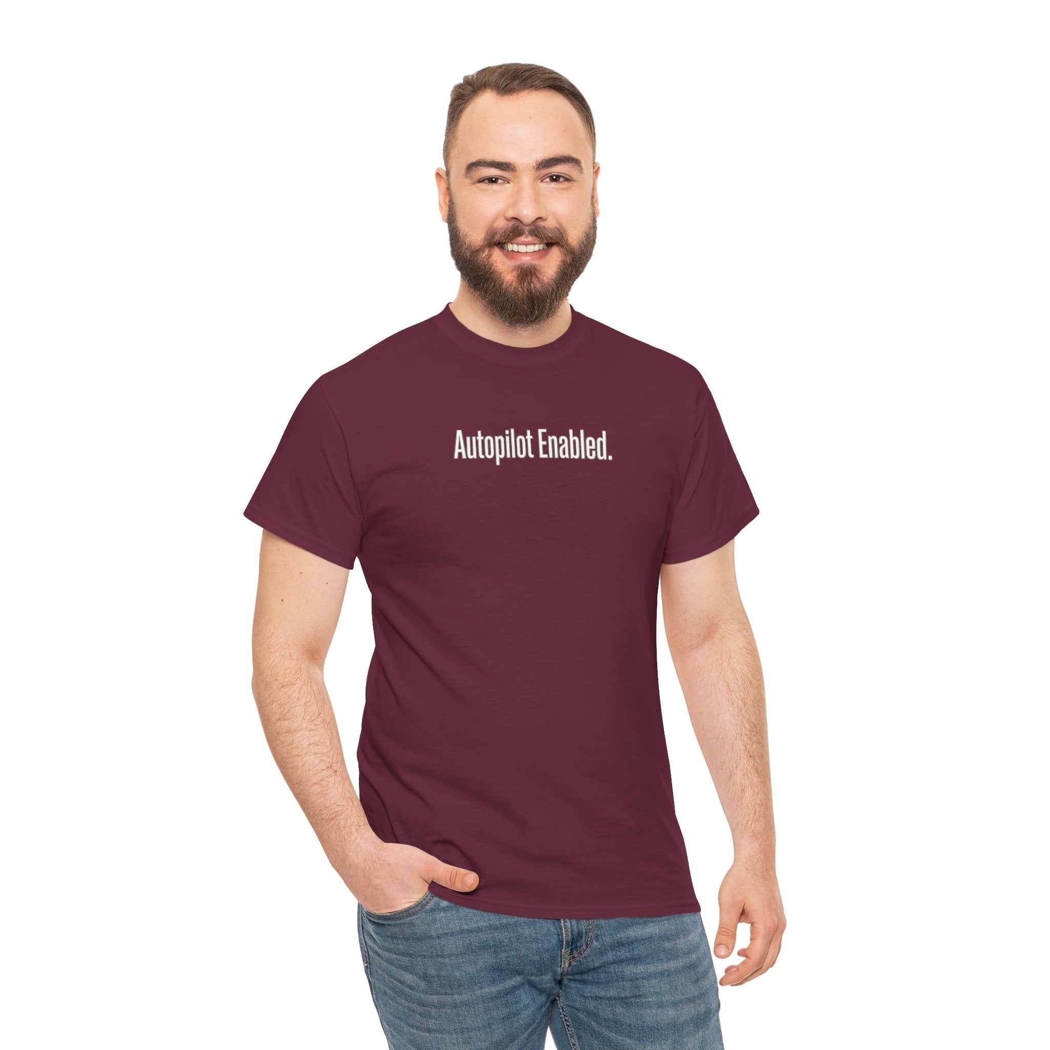 Autopilot Enabled Minimal Script Tee — White Cotton T‑Shirt