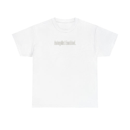 Autopilot Enabled Minimal Script Tee — White Cotton T‑Shirt