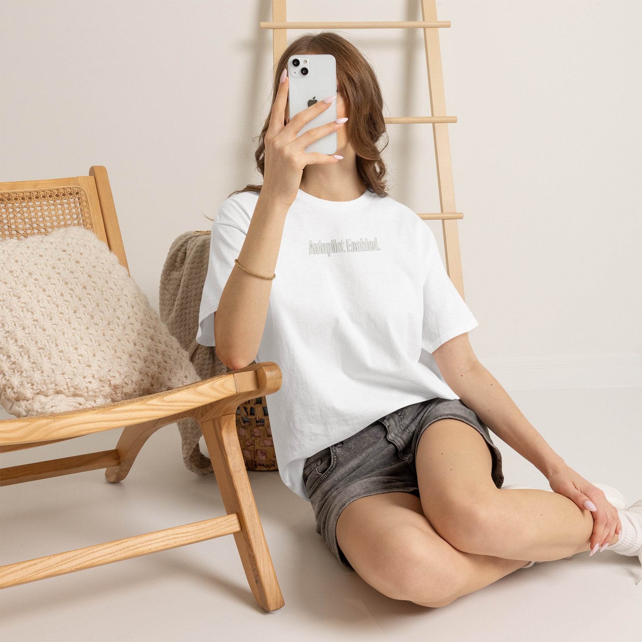 Autopilot Enabled Minimal Script Tee — White Cotton T‑Shirt