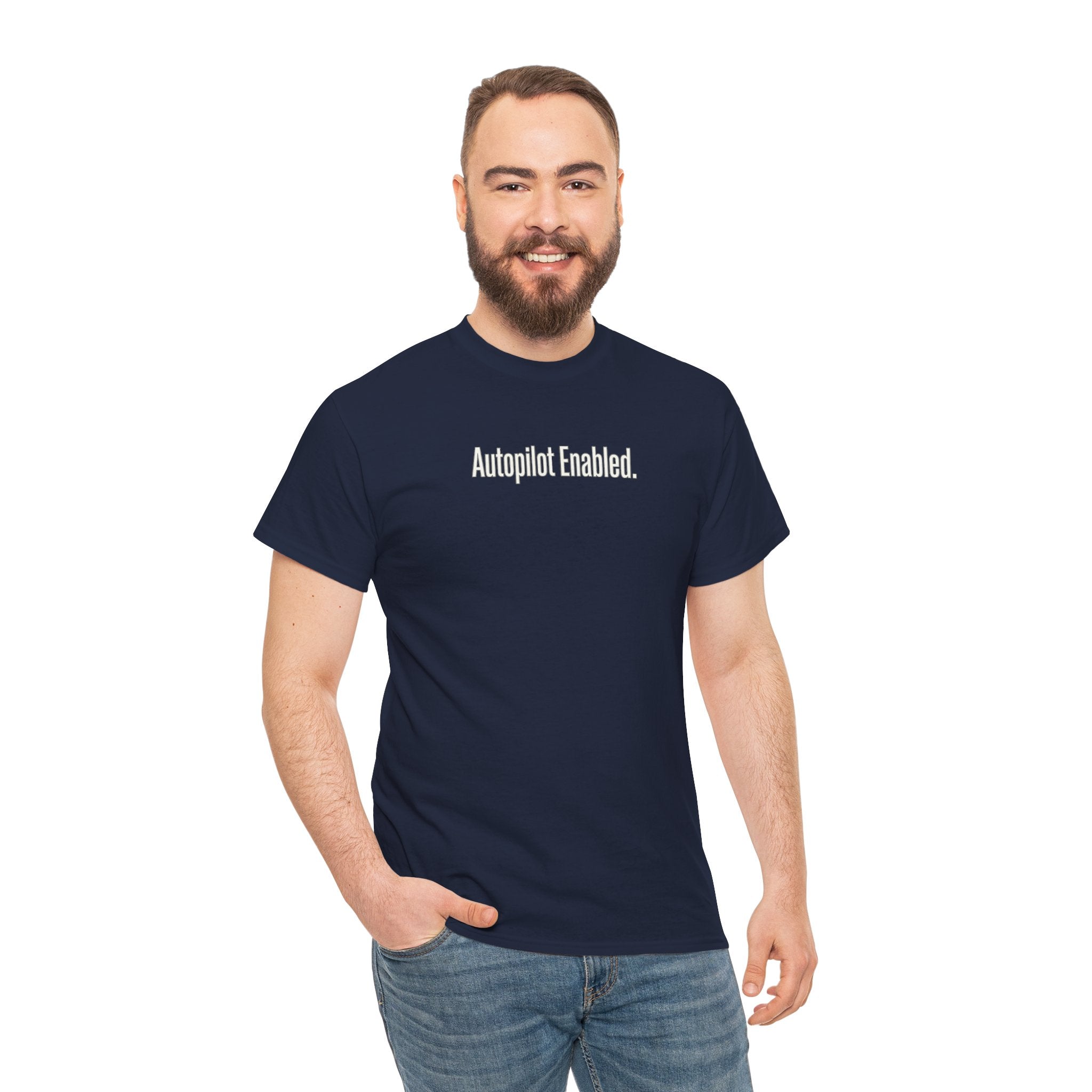 Autopilot Enabled Minimal Script Tee — White Cotton T‑Shirt