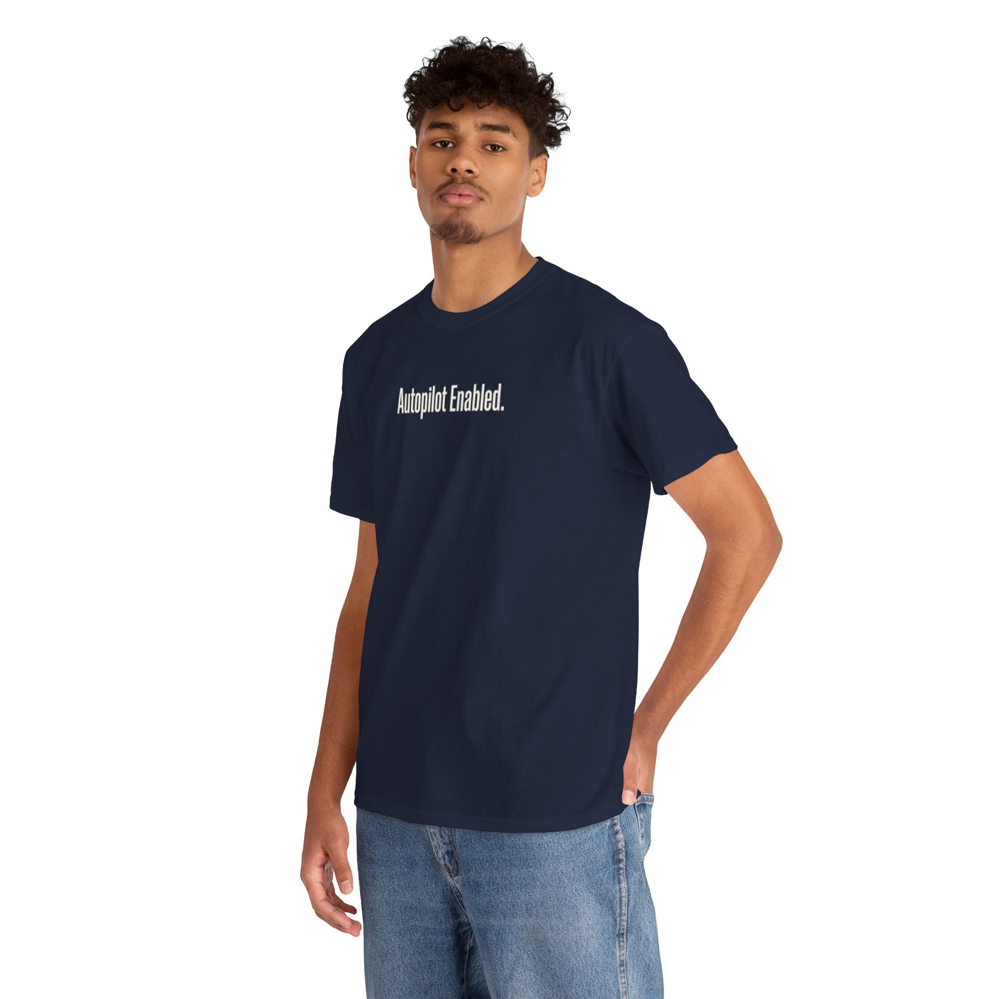 Autopilot Enabled Minimal Script Tee — White Cotton T‑Shirt