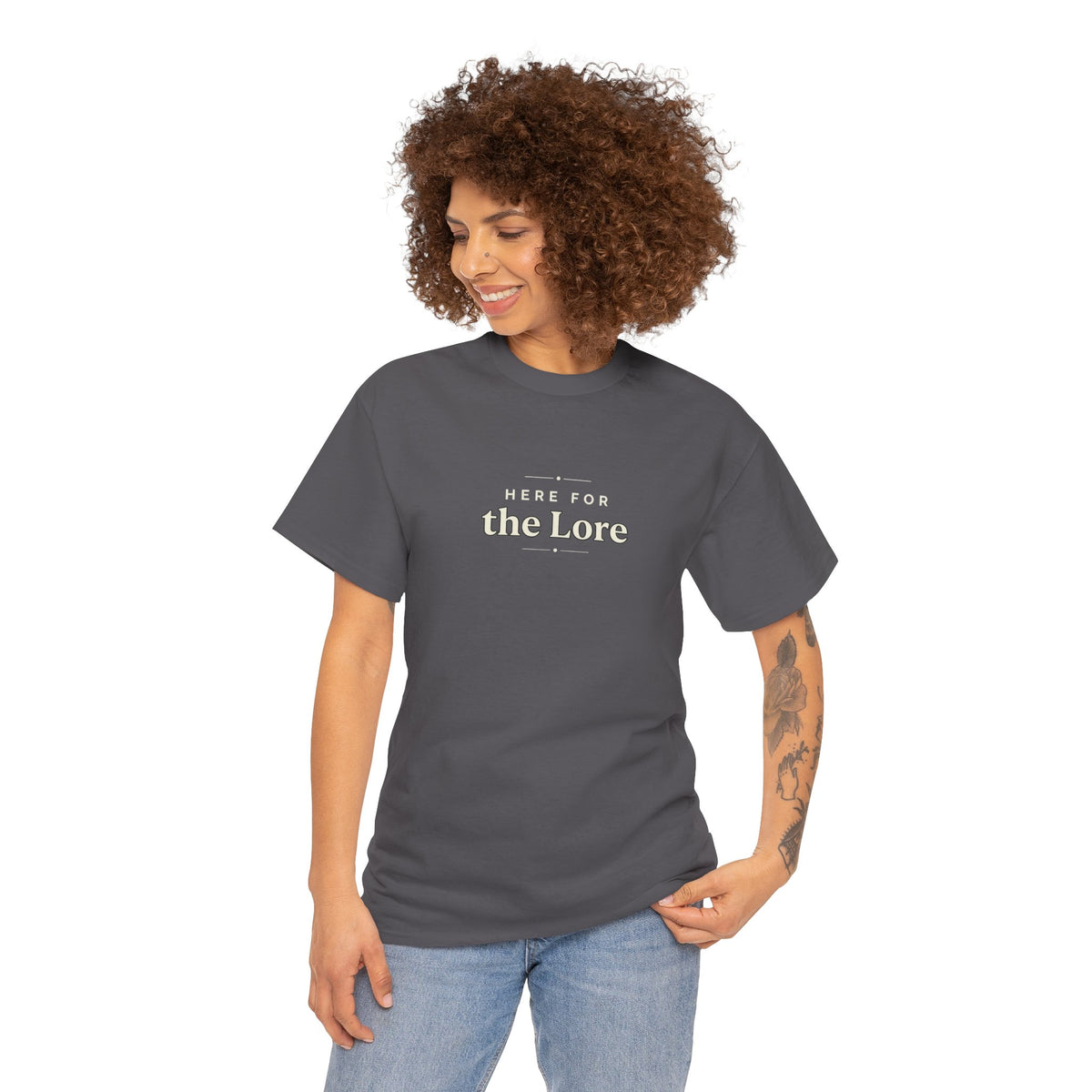 Here For The Lore Graphic Tee — Minimal Vintage Text Shirt