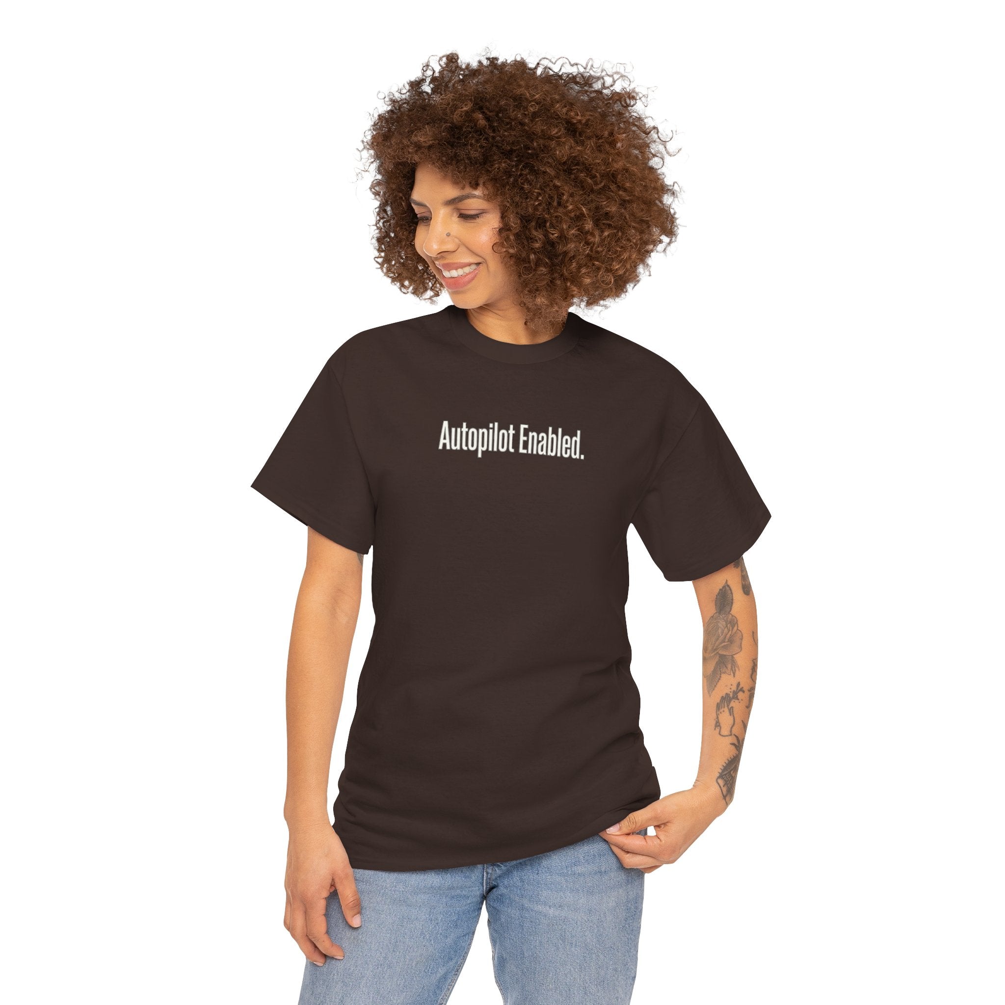 Autopilot Enabled Minimal Script Tee — White Cotton T‑Shirt