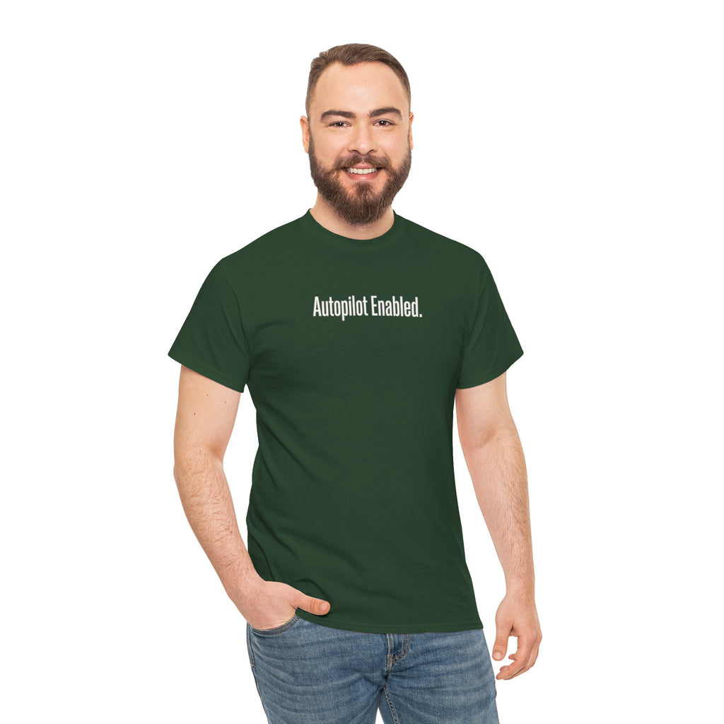 Autopilot Enabled Minimal Script Tee — White Cotton T‑Shirt