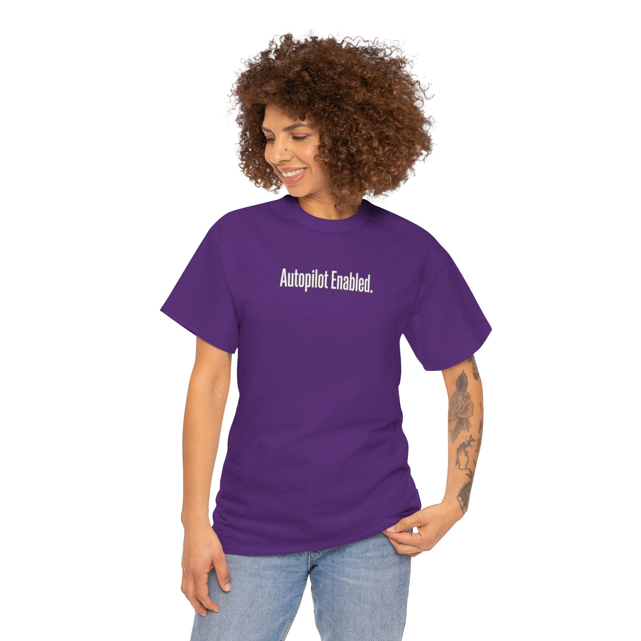 Autopilot Enabled Minimal Script Tee — White Cotton T‑Shirt