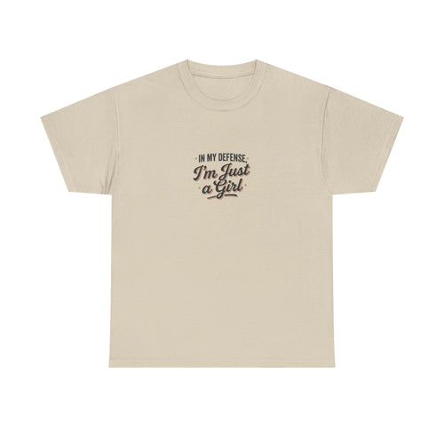 "In My Defense I'm Just a Girl" Graphic Tee - Feminine Retro Script T-Shirt