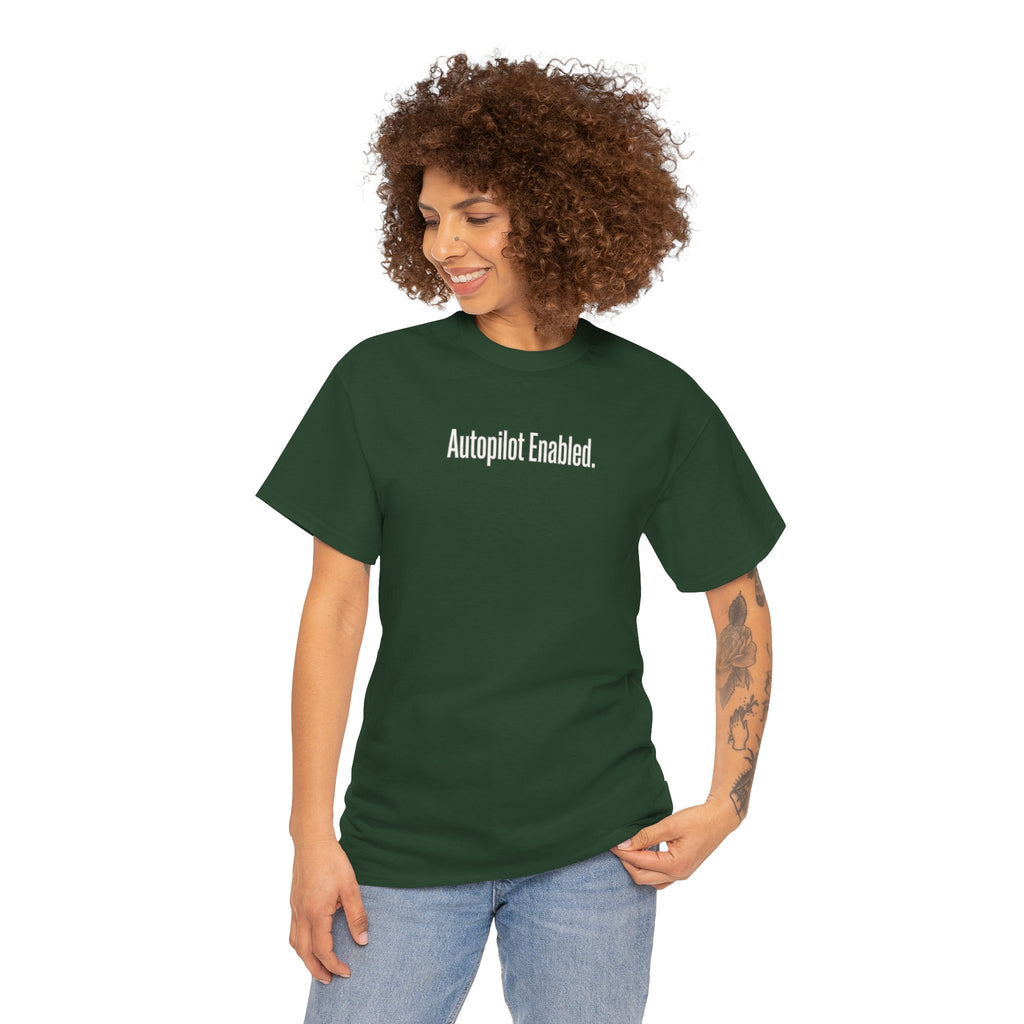 Autopilot Enabled Minimal Script Tee — White Cotton T‑Shirt