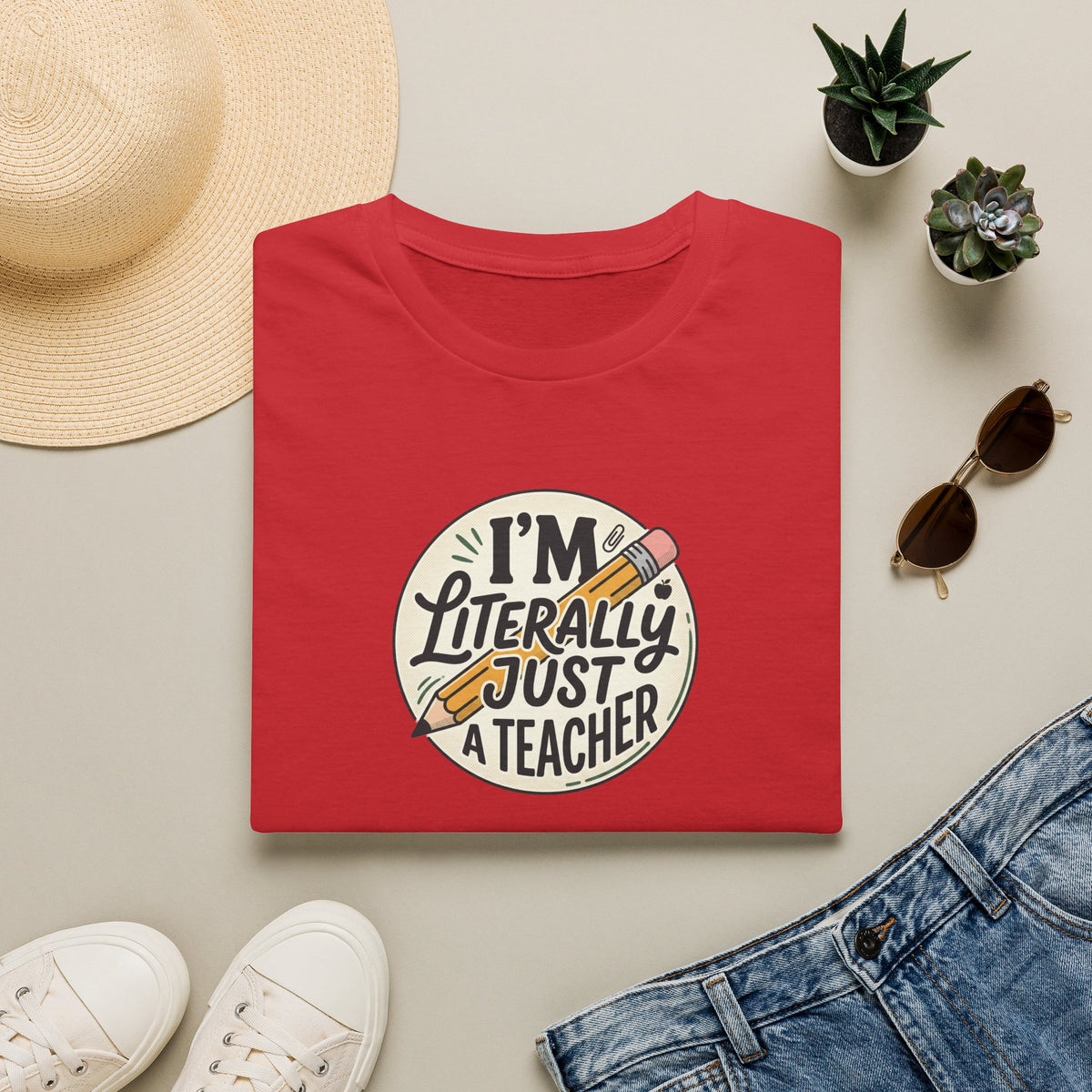 Teacher T-Shirt — “I’m Literally Just a Teacher” Retro Pencil Tee