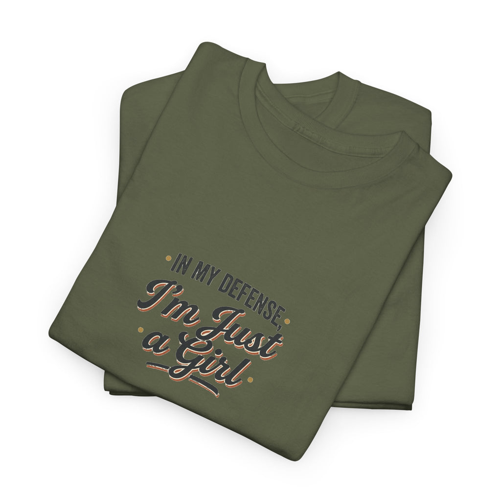 "In My Defense I'm Just a Girl" Graphic Tee - Feminine Retro Script T-Shirt