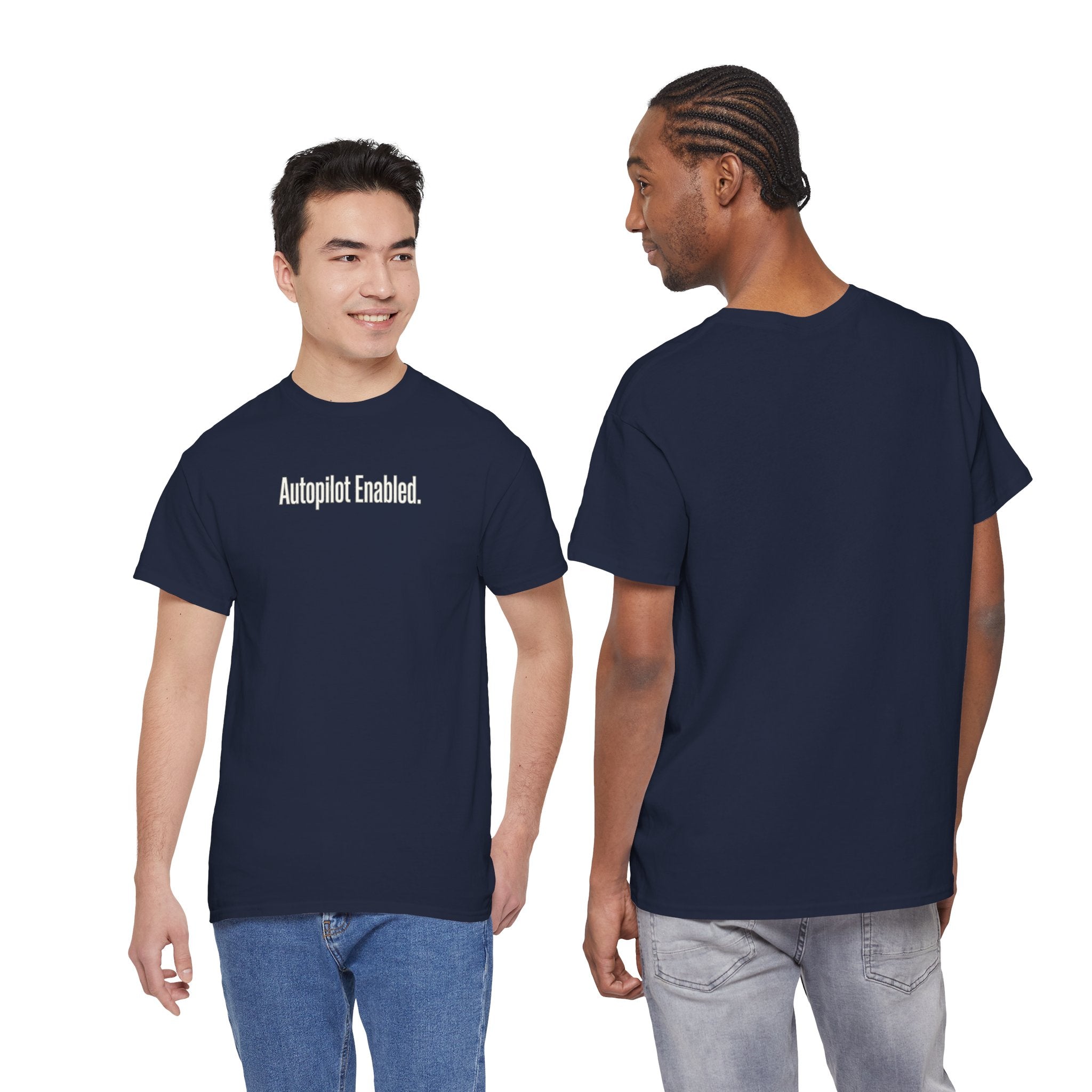 Autopilot Enabled Minimal Script Tee — White Cotton T‑Shirt