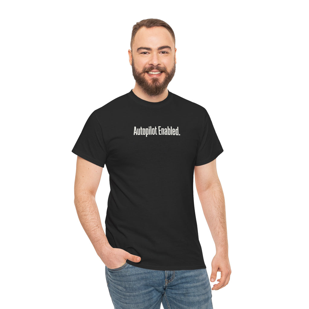 Autopilot Enabled Minimal Script Tee — White Cotton T‑Shirt