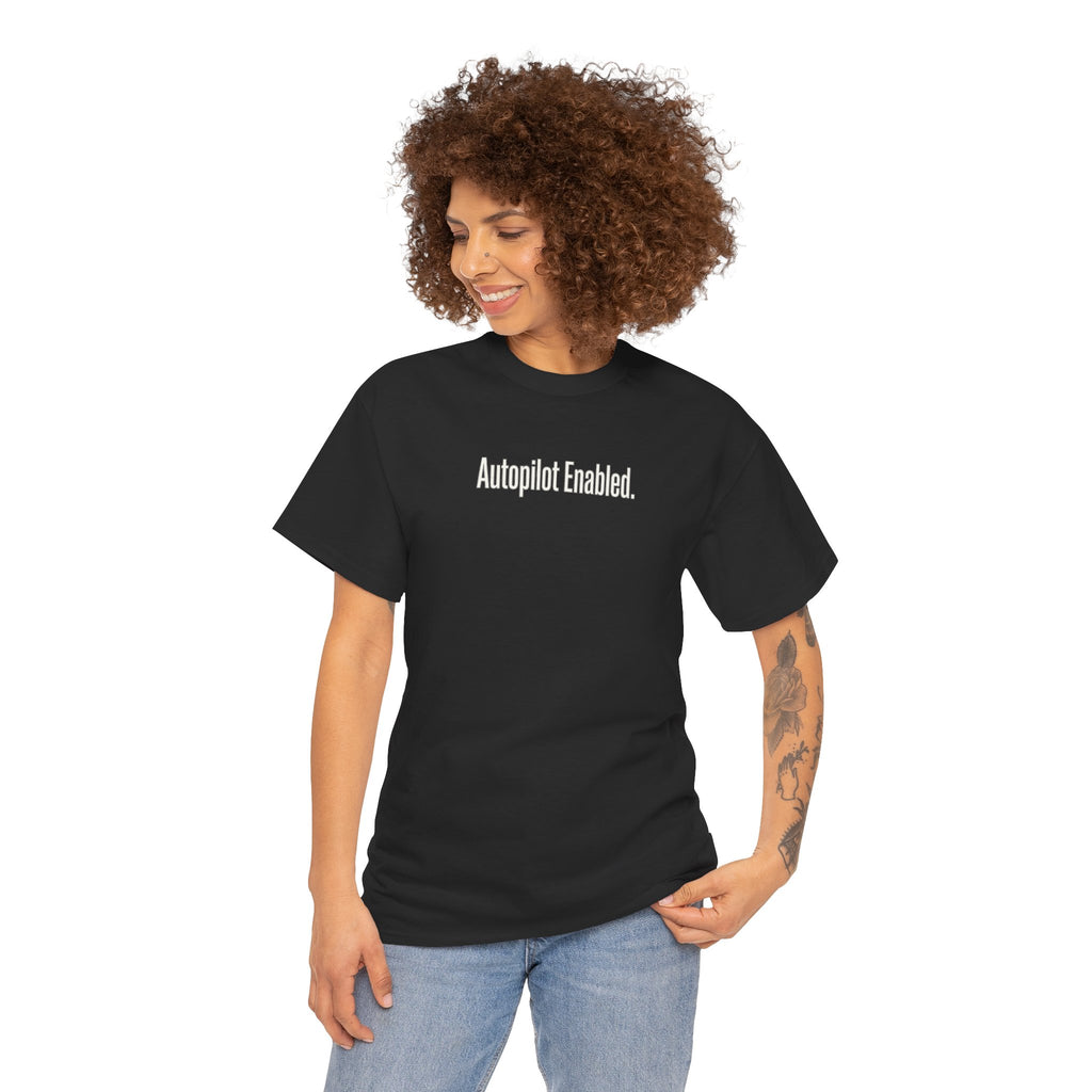 Autopilot Enabled Minimal Script Tee — White Cotton T‑Shirt