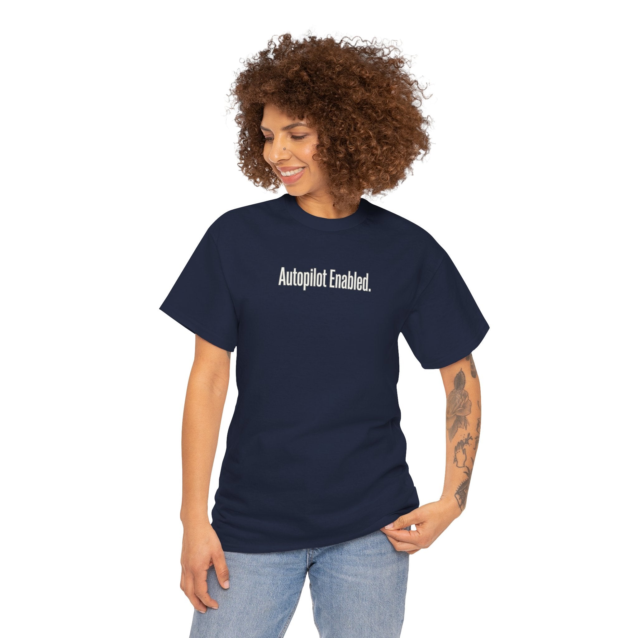 Autopilot Enabled Minimal Script Tee — White Cotton T‑Shirt