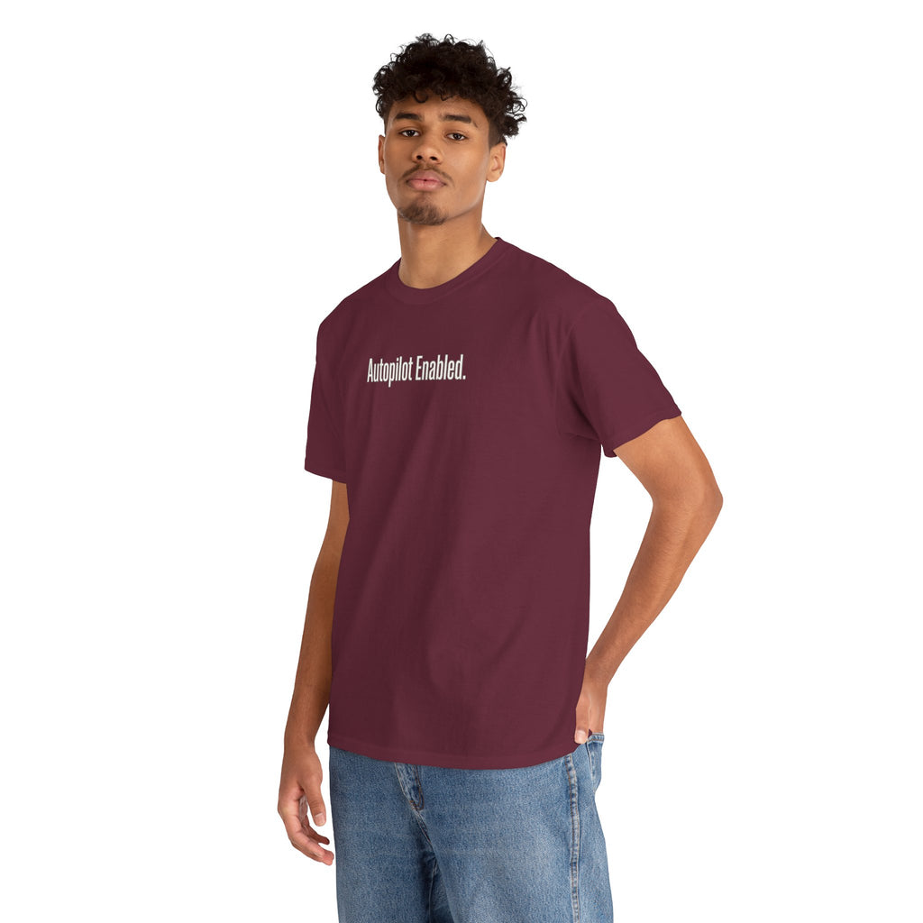 Autopilot Enabled Minimal Script Tee — White Cotton T‑Shirt