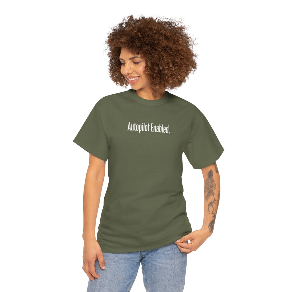 Autopilot Enabled Minimal Script Tee — White Cotton T‑Shirt