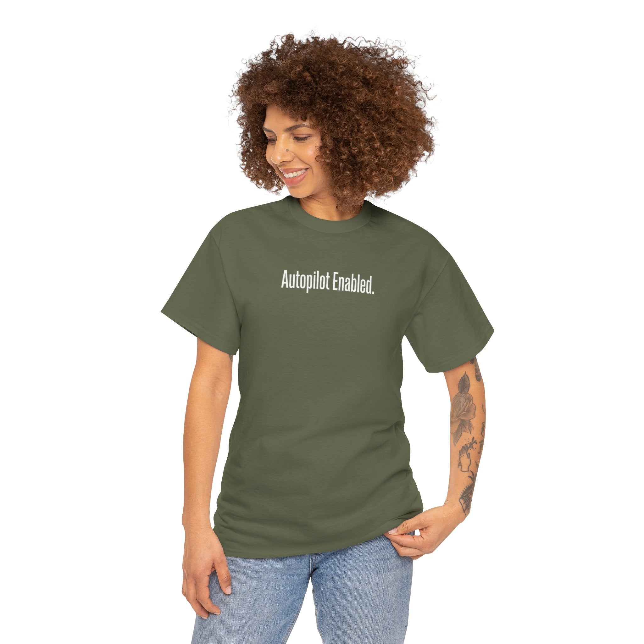 Autopilot Enabled Minimal Script Tee — White Cotton T‑Shirt