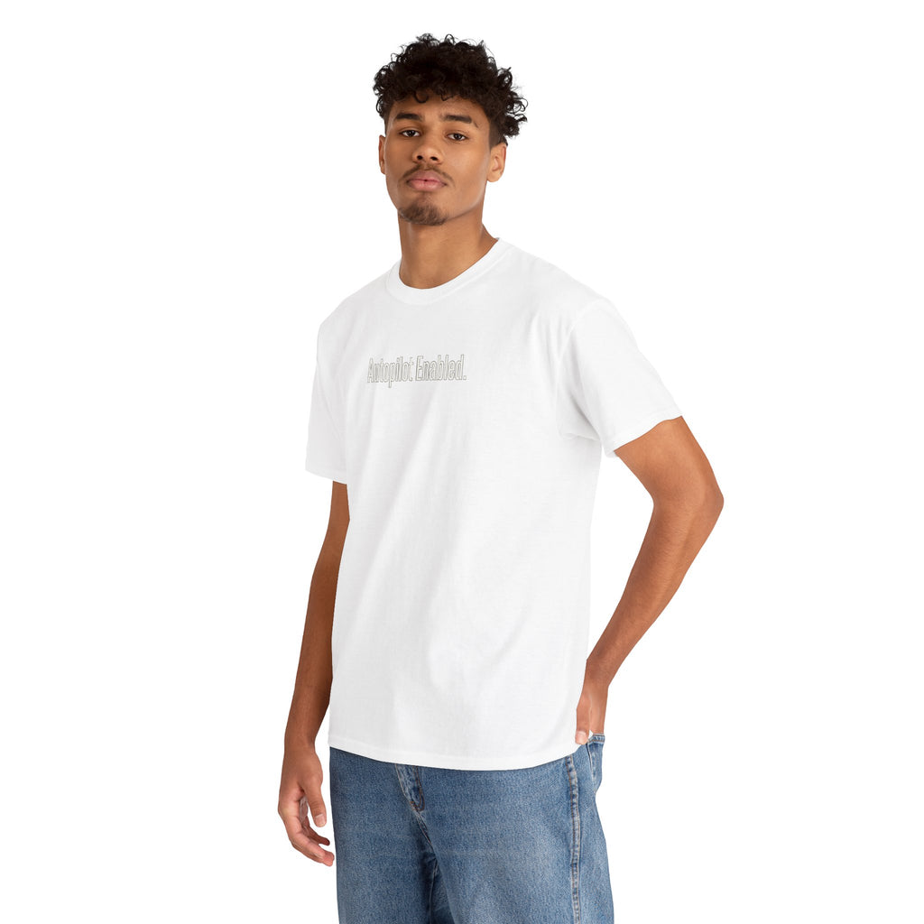 Autopilot Enabled Minimal Script Tee — White Cotton T‑Shirt