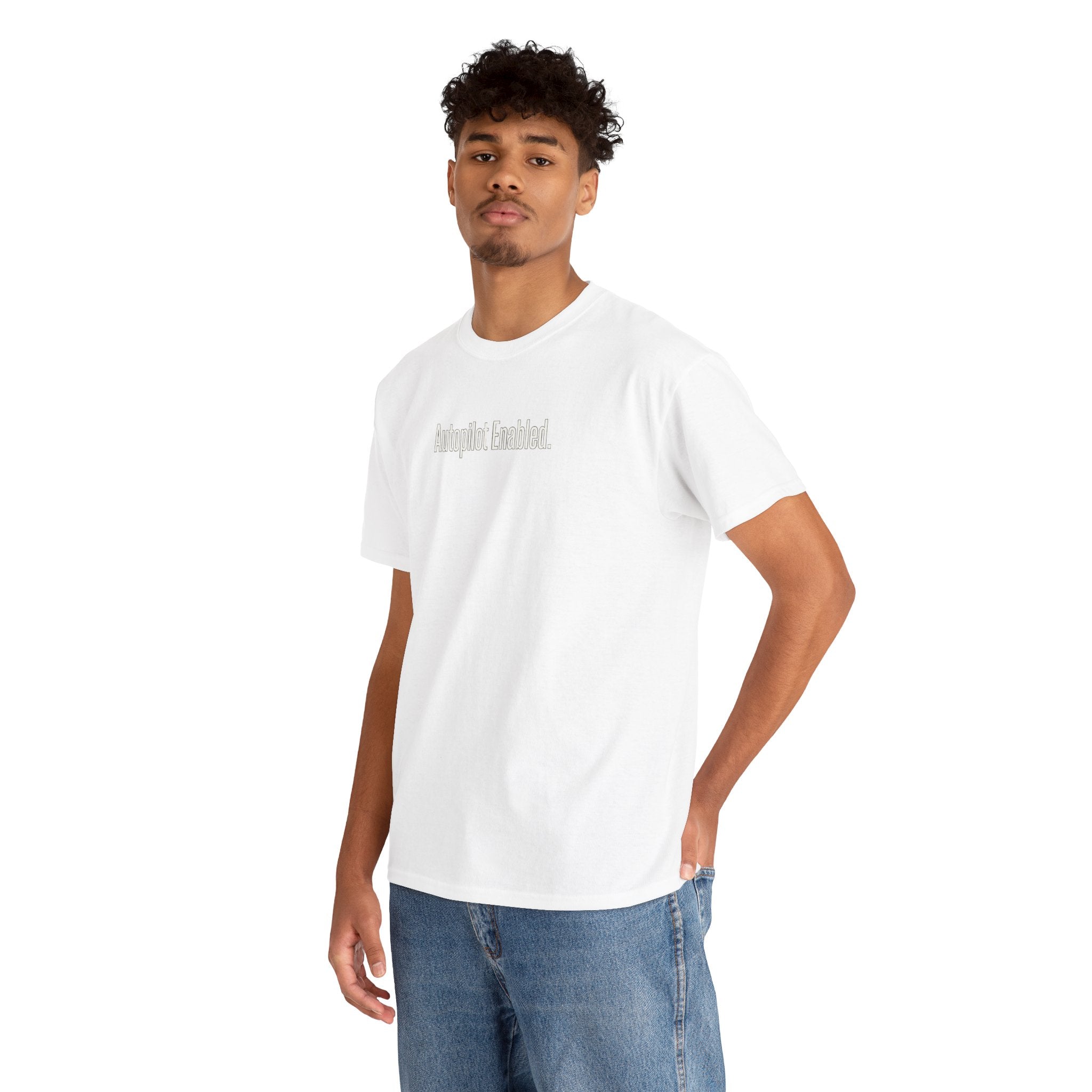 Autopilot Enabled Minimal Script Tee — White Cotton T‑Shirt