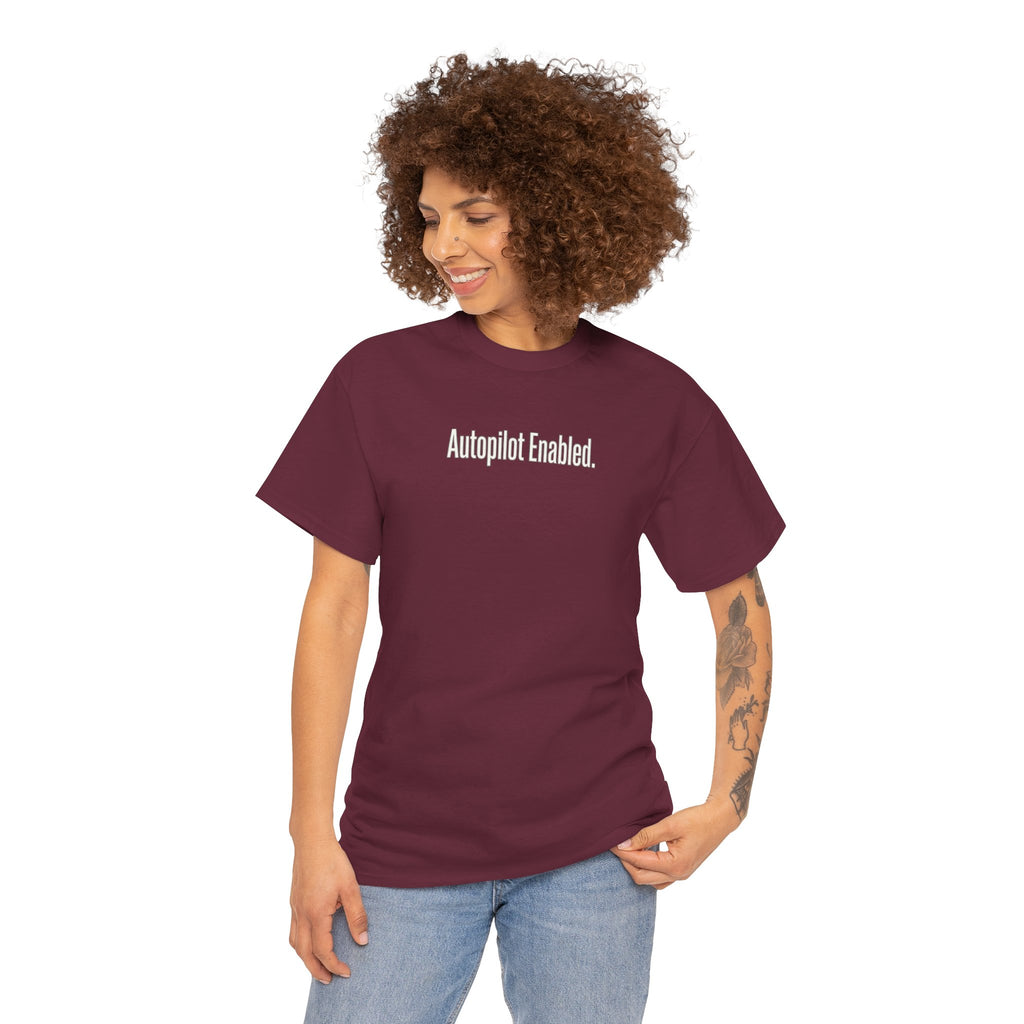 Autopilot Enabled Minimal Script Tee — White Cotton T‑Shirt