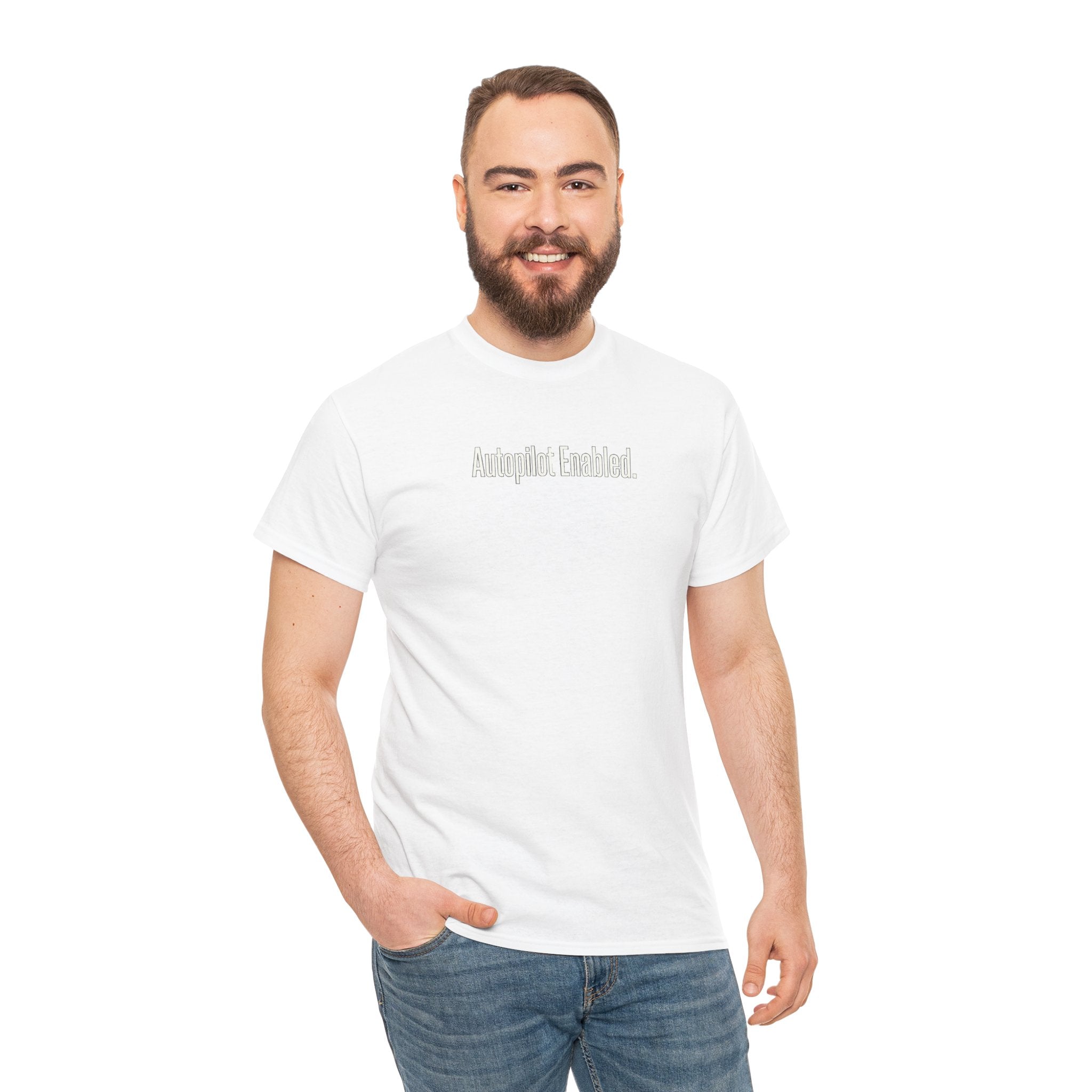 Autopilot Enabled Minimal Script Tee — White Cotton T‑Shirt