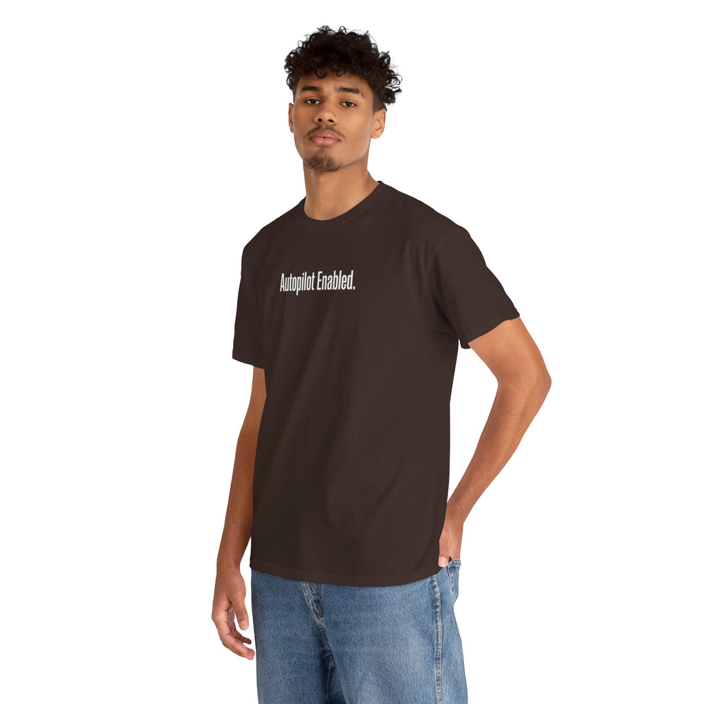 Autopilot Enabled Minimal Script Tee — White Cotton T‑Shirt