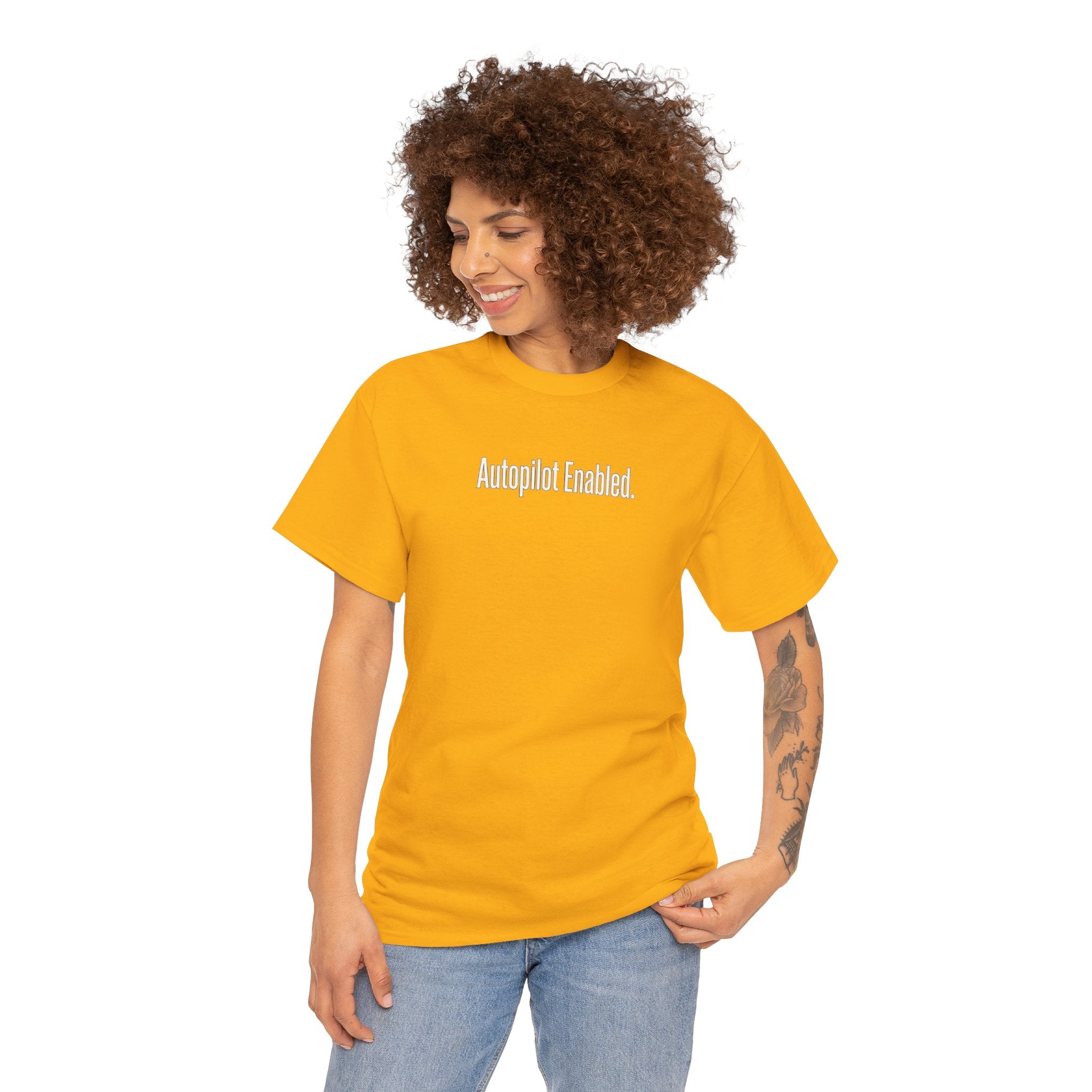 Autopilot Enabled Minimal Script Tee — White Cotton T‑Shirt