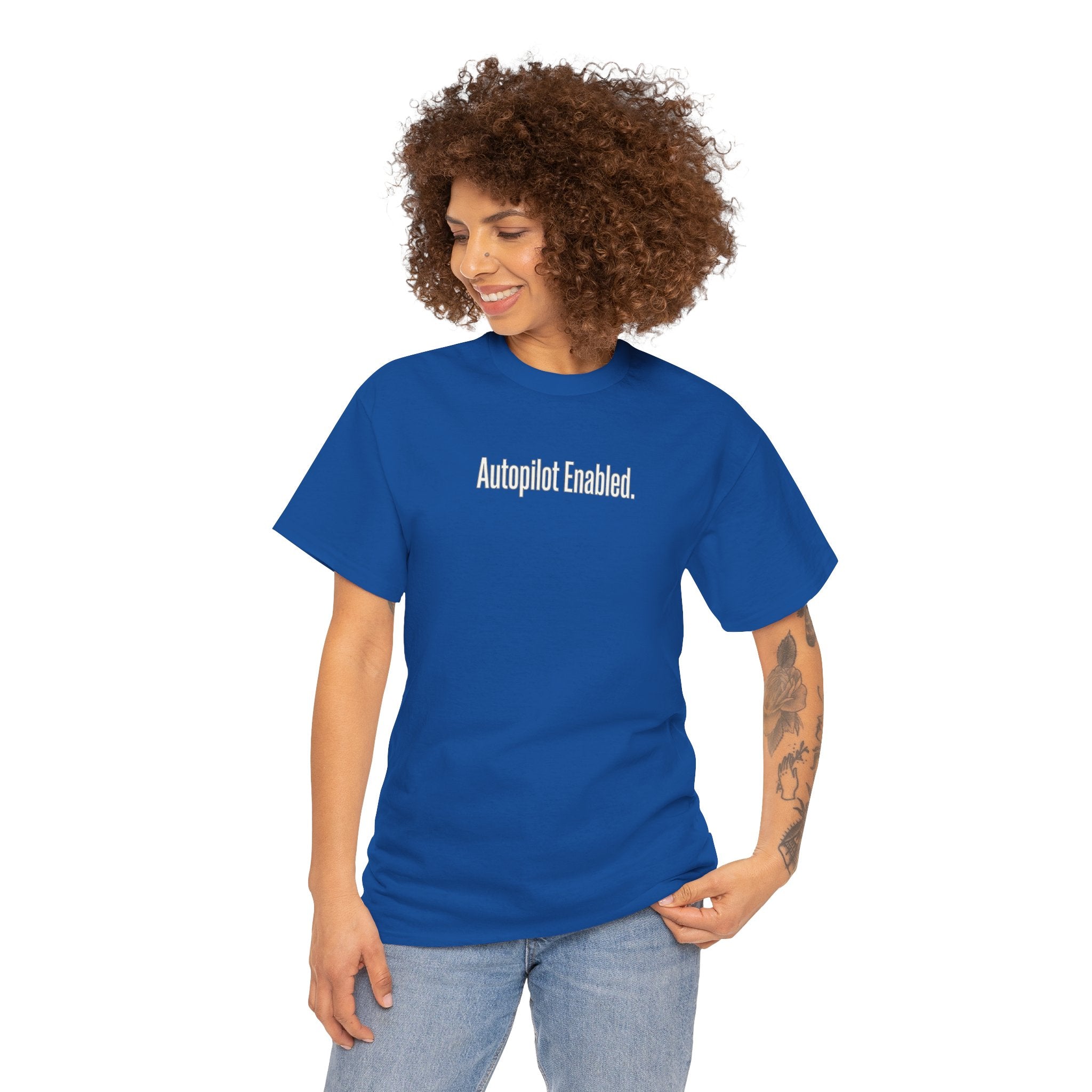 Autopilot Enabled Minimal Script Tee — White Cotton T‑Shirt