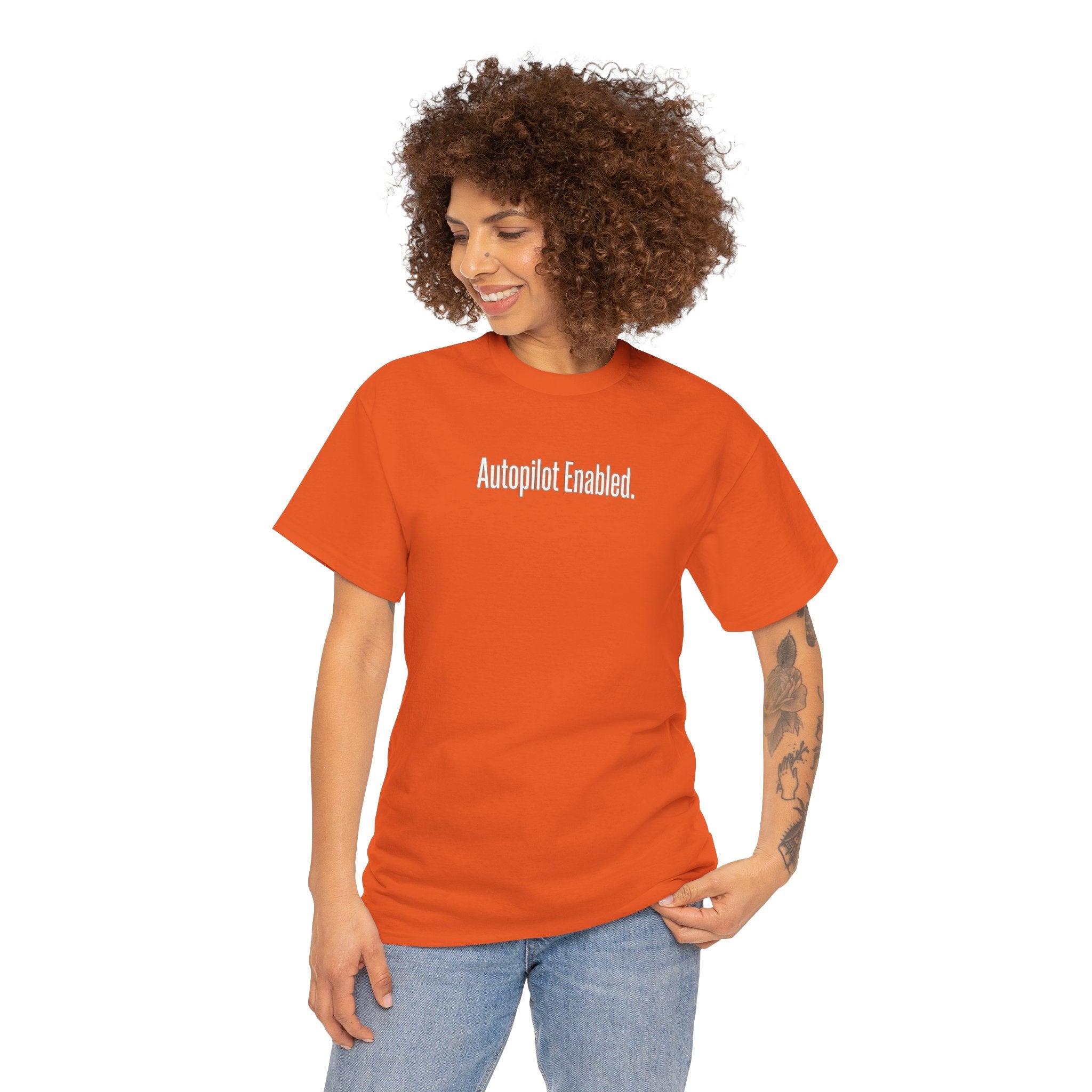 Autopilot Enabled Minimal Script Tee — White Cotton T‑Shirt