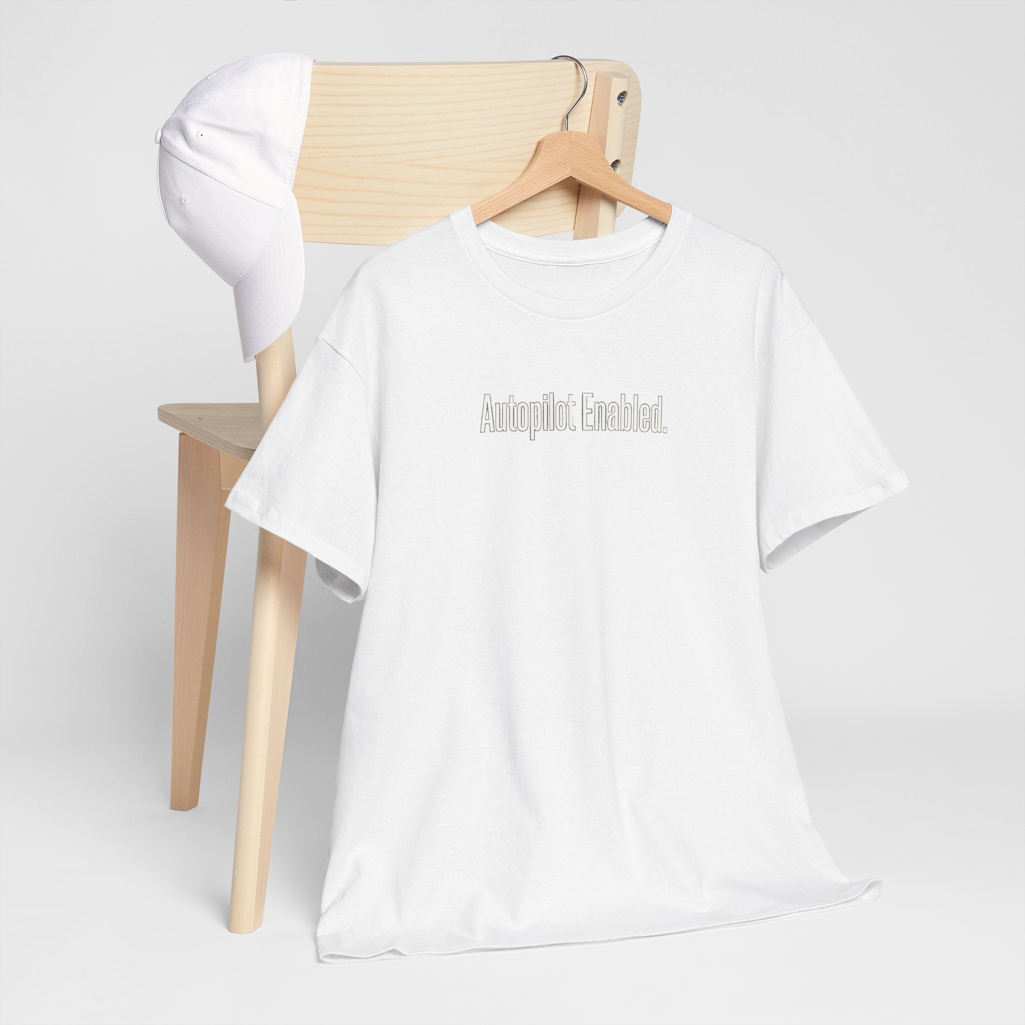 Autopilot Enabled Minimal Script Tee — White Cotton T‑Shirt